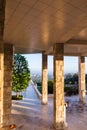 June 8, 2018 Los Angeles / CA / USA - Colonnade covered in travertine rock at the Getty Center (designed by Richard Meier); view