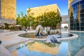 June 8, 2018 Los Angeles / CA / USA - Water fountain in the museum courtyard of the Getty Center at sunset; travertine covered