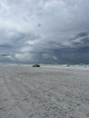 June 19, 2023 Miramar Beach Florida USA. Deserted beach with heavy thunderstorms over the Gulf of Mexico Emerald Coast. Royalty Free Stock Photo