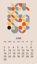 June month 2024 calendar template. Geometric planner design, desk calendar, wall calendar, minimal style. Simple vector