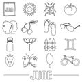 June month theme set of simple outline icons eps10