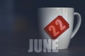 june 22nd. Day 22 of month,Tea Cup with date on label from tea bag. summer month, day of the year concept