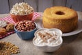 June party. Typical sweets from festa junina. Cornmeal cake, popcorn, hominy, paÃÂ§oca, cocada, pumpkin jam, and peanuts.