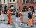 Hare Krishna Monks on street in Prague. Royalty Free Stock Photo