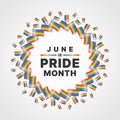 June is pride month - Text in group of rainbow pride flags to around circle frame shape vector design Royalty Free Stock Photo