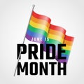 June is pride month - Text and Rainbow pride flag with waving on pole vector design Royalty Free Stock Photo