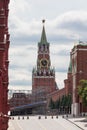 June 14, 2018. Russia, Moscow, a view of the Kremlin Spasskaya Tower from Tverskaya Street