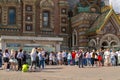 June 24, 2023 Russia, St. Petersburg, Church of the Savior on Spilled Blood, a queue of tourists for tickets