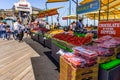 June 3, 2019 San Francisco / CA / USA - Fruit stand on Pier 39, a shopping center and popular tourist attraction built on a pier