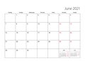 June 2021 simple calendar planner, week starts from Monday
