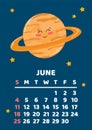June. Space calendar planner 2023. Weekly scheduling, planets, space objects. Week starts on Sunday. Saturn