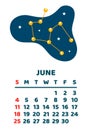 June. Space calendar planner 2023. Weekly scheduling, planets, space objects. Week starts on Sunday. White background