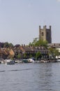 St Mary\'s Church of England tower overlooking the Thames with its boats and barges