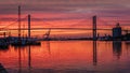 JUNE 27, 2017 - Talmadge Memorial Bridge and US 17 at sunset goes over Savannah River between. Bars, boat Royalty Free Stock Photo