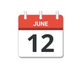 June 12th calendar icon vector. Concept of schedule, business and tasks