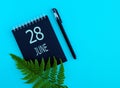 June 28th. Day 28 of month, Calendar date. Black notepad sheet, pen, fern twig, on a blue background.