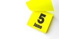 June 5th. Day 5 of month, Calendar date. Close-Up Blank Yellow paper reminder sticky note on White Background. Summer month, day Royalty Free Stock Photo