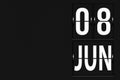 June 8th. Day 8 of month, Calendar date. Calendar in the form of a mechanical scoreboard tableau. Summer month, day of the year