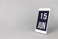 June 15th. Day 15 of month, Calendar date. Smartphone with calendar day, calendar display on your smartphone. Summer month, day of