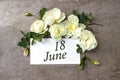 June 18th. Day 18 of month, Calendar date. White roses border on pastel grey background with calendar date. Summer month, day of