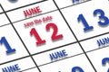 june 12th. Day 12 of month, Date marked Save the Date on a calendar. summer month, day of the year concept