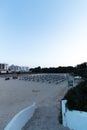 June 16th, 2017, Felanitx, Spain - view of Cala Marcal beach umbrellas and sunbeds