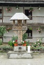June 17th, 2017 - large wooden and decorated cross, on a stone platform, at Saon monastery in Dobrogea, Romania