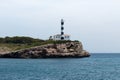 June 16th, 2017, Porto Colom, Mallorca, Spain - coastline view with lighthouse