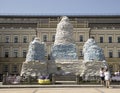 June 19, 2022 Ukraine city of Kyiv Monument Princess Olga covered with sandbags