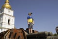 June 19, 2022 Ukraine, the city of Kyiv, occupiers stand on broken Russian tanks the city center