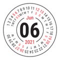 June 2021. Vector English ÃÂalendar. Round calender. Week starts on Sunday. Design template. Circle. Sixth month