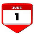 1 June vector icon calendar day. 1 date of June. First day of June. 1st date number. 1 day calendar. One date. Childrens