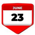 23 June vector icon calendar day. 23 date of June. Twenty third day of June. 23th date number. 23 day calendar. Twenty Royalty Free Stock Photo