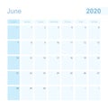 2020 June wall planner in blue color, week starts on Sunday