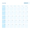 2023 June wall planner in blue color, week starts on Sunday