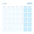 2020 June wall planner in blue pastel color, week starts on Monday