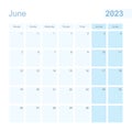 2023 June wall planner in blue pastel color, week starts on Monday