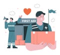 20 June, world refugee day. Refugees first aid. Local volunteers help migrant Royalty Free Stock Photo