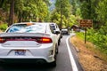 June 28, 2019 Yosemite National Park / CA / USA - Busy entrance station to Yosemite National Park, with cars waiting in line to