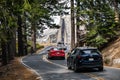 June 27, 2019 Yosemite National Park / CA / USA - Cars driving towards Glacier Point in Yosemite National Park; Half Dome visible