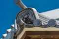 Junen-ji Temple, Onigawara (Ogre Tile) roof detail at Daibustuden hall. Nagano City, Japan