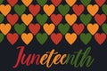 Juneteenth banner with hearts pattern in Pan African flag colors - red, yellow, green. Background for banner, postcard