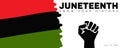 Juneteenth banner template. Black silhouette Of Clenched fist, and Textured Black History Month Flag. National African