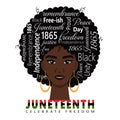 Juneteenth. Celebrate Freedom. Typographic Illustration With African Woman And Words Symbolizing African American