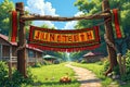Juneteenth celebration banner in rural park with wooden arch on sunny day Royalty Free Stock Photo