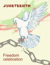 Juneteenth day. A broken chain and shackles. Dove, bird, symbol of peace and happiness, liberty. Hand sketch style drawing. The sl