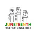 Juneteenth free-ish since 1865. Three clenched fists in air with broken chains. June 19 vector illustration isolated