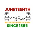 Juneteenth Freedom Day. Breaking every chain since 1865. Two hands with clenched fists breaking chains. June 19