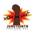 Juneteenth Freedom Day. A Clenched Fist Breaks The Chains. African American Holiday, National Independence Day. Vector