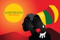 Juneteenth Freedom Day. Silhouette of African American woman and man with headdress with juneteenth flag pattern. Royalty Free Stock Photo